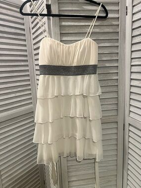 Ivory Tiered Spaghetti-Strap Dress w/ Blk & Silver Waistband